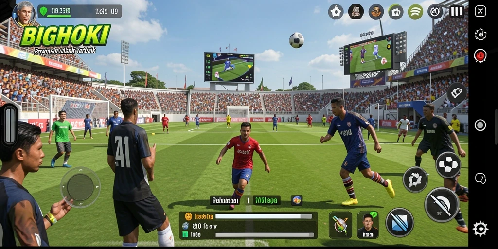 Screenshot gameplay BIGHOKI yang menunjukkan pertandingan seru di lapangan.