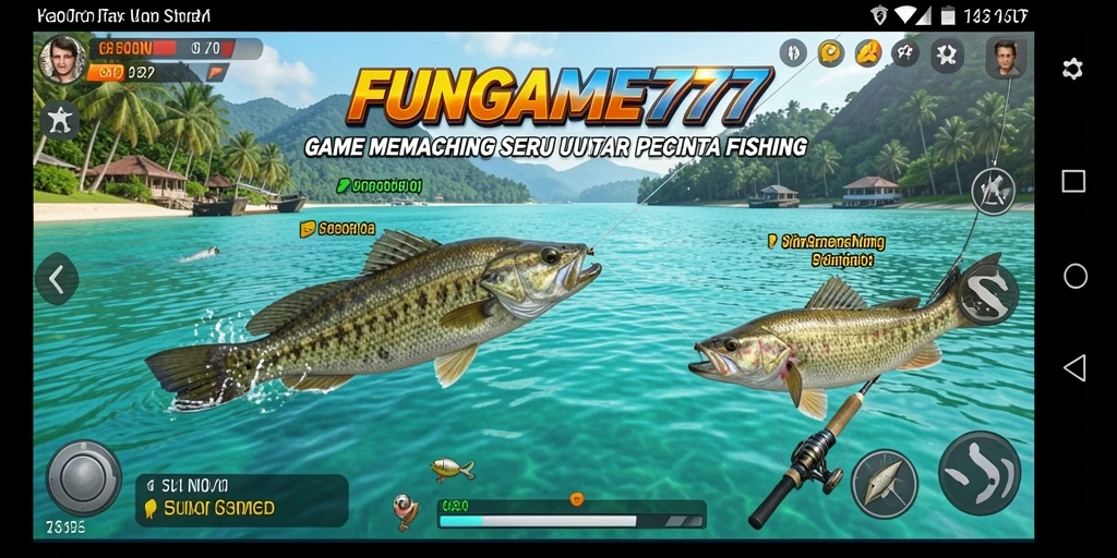 Tampilan gameplay seru di FUNGAME777 saat memancing ikan di danau.