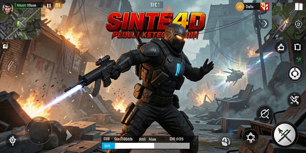 Tampilan screenshot utama SINTE4D menampilkan aksi pertempuran yang intens.