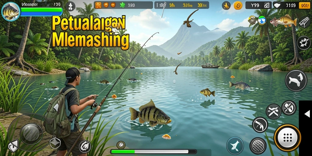 Tampilan gameplay Y89 dengan aksi memancing yang seru dan lokasi yang indah.